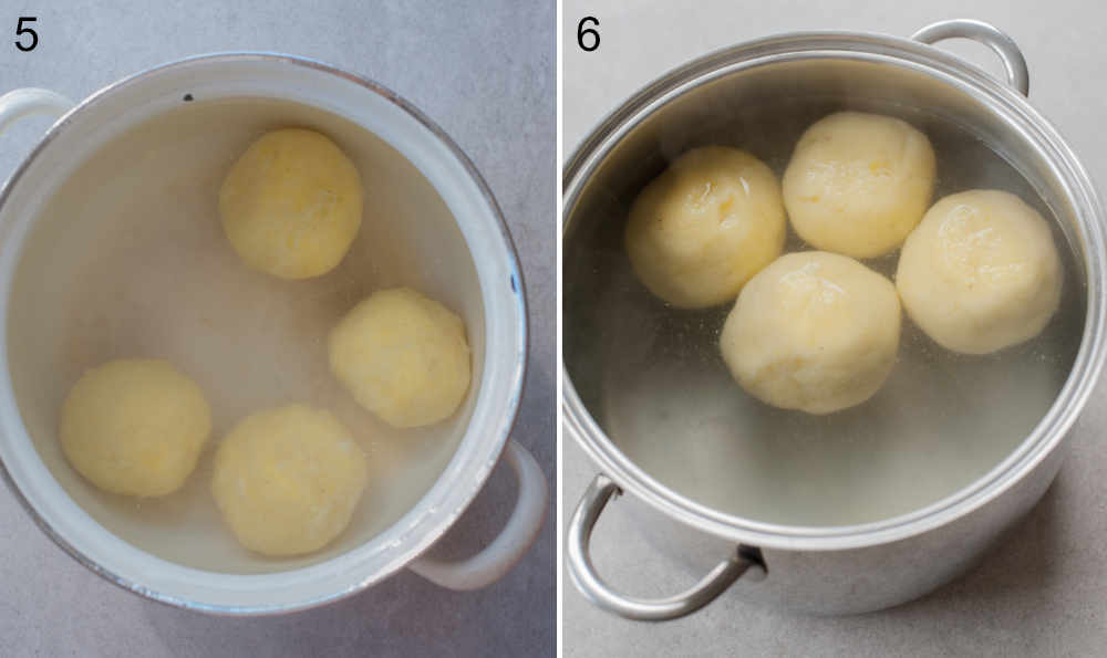 Potato dumplings are being cooked in a pot.