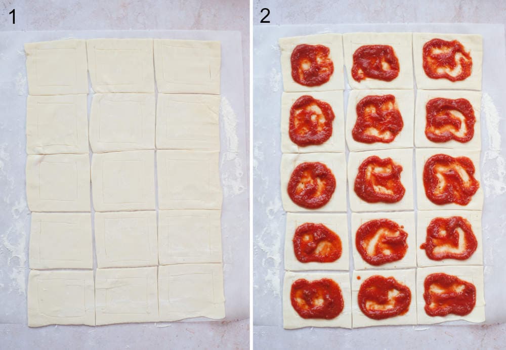 Puff pastry sheet divided into 15 squares and top with pizza sauce.