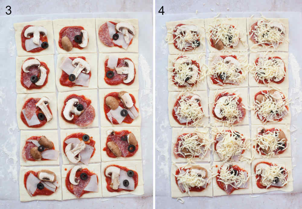 Puff pastry sheet divided into 15 squares and top with pizza sauce, ham, mushrooms, olives, and cheese.