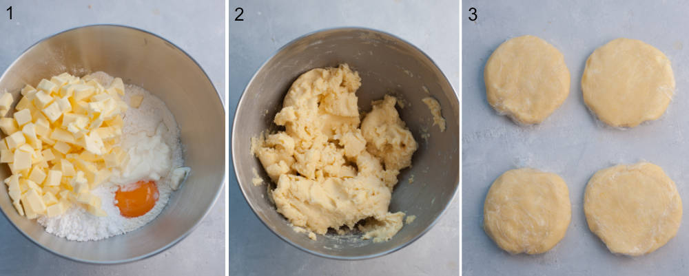 A collage of 3 photos showing preparation steps of pastry dough with sour cream.