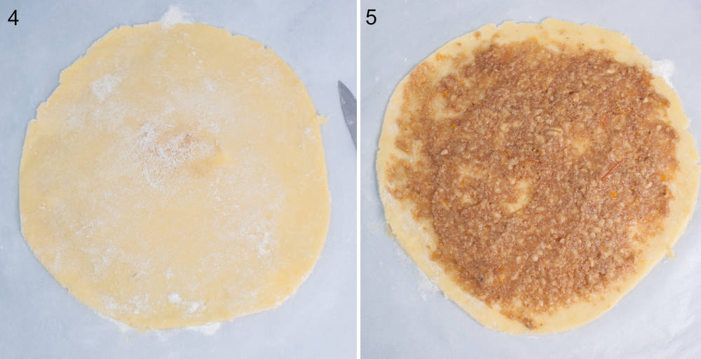 Rozwałkowane ciasto. Nadzienie orzechowo-pomarańczowe na rozwałkowanym cieście.