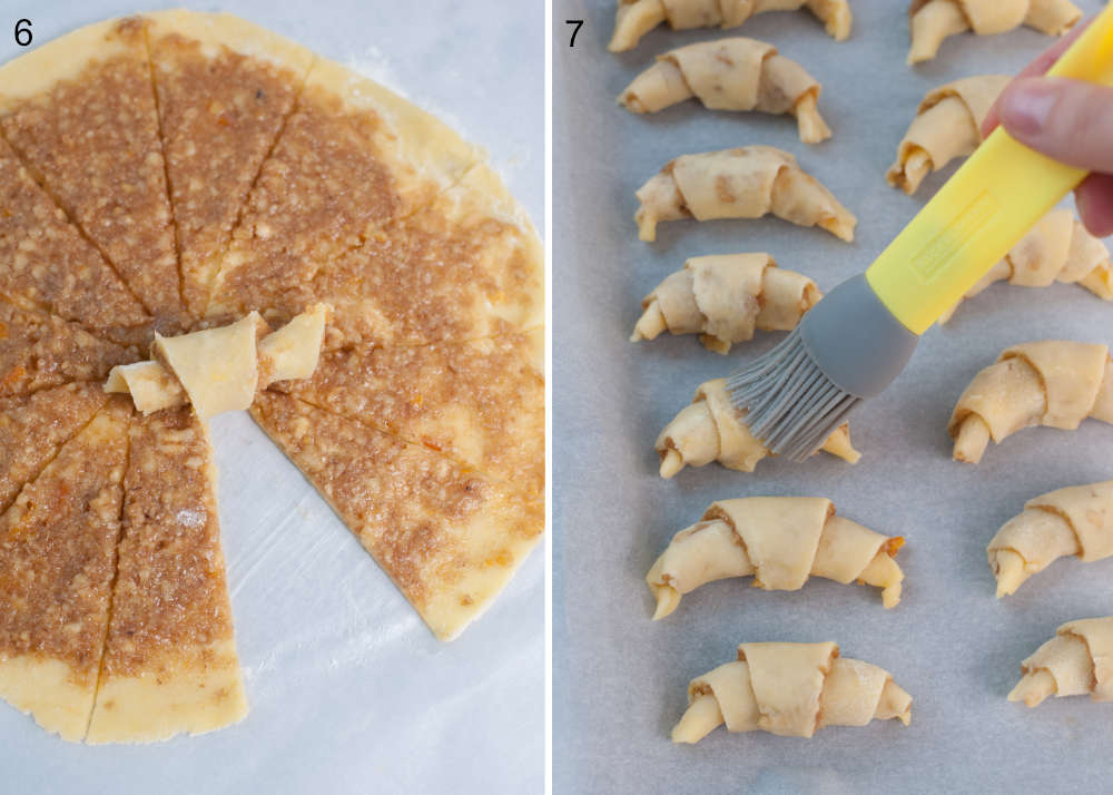 Shaping of crescent cookies. Rugelach cookies are being brushed with egg white.