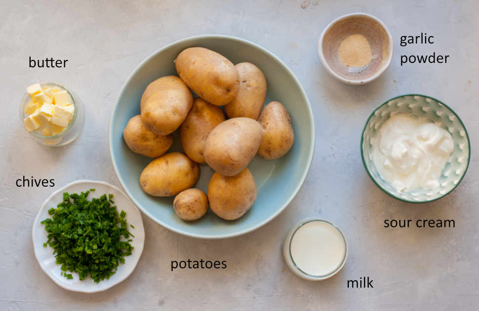 Labeled ingredients needed to prepare sour cream mashed potatoes.