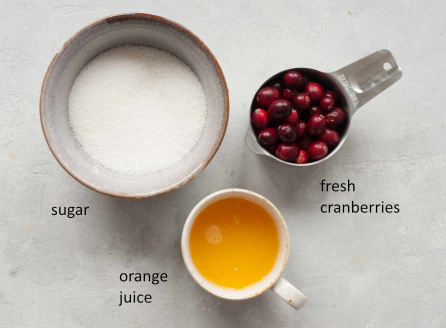 Labeled ingredients needed to prepare sugared cranberries.