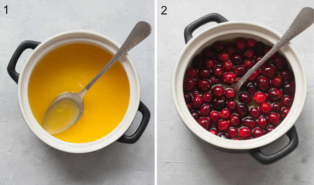 Orange juice with sugar in a pot. Cranberries and orange juice in a pot.