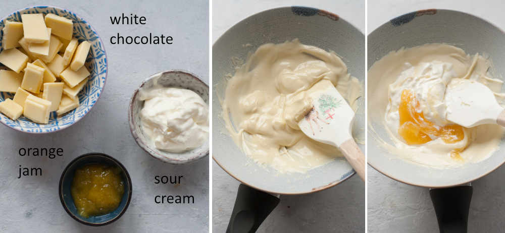 Ingredients for white chocolate glaze. Preparation steps of white chocolate orange glaze.