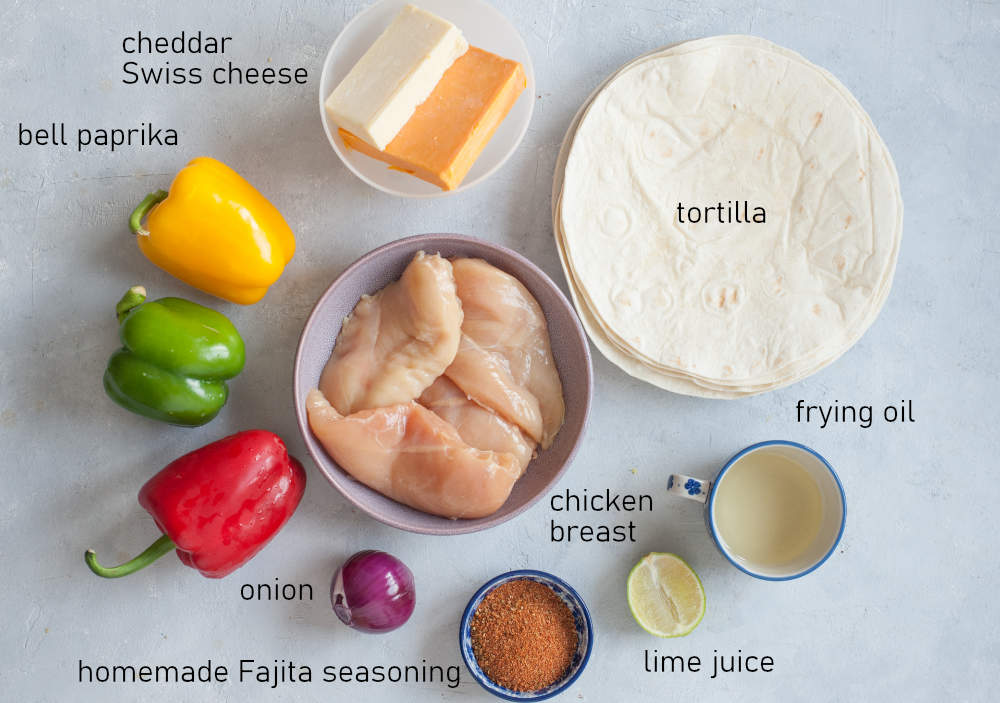 Labeled ingredients needed to make chicken fajita quesadillas.