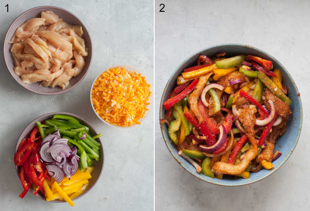 Chopped chicken breast and vegetables and shredded cheese in bowls. Chicken with veggies and spices in a blue bowl.