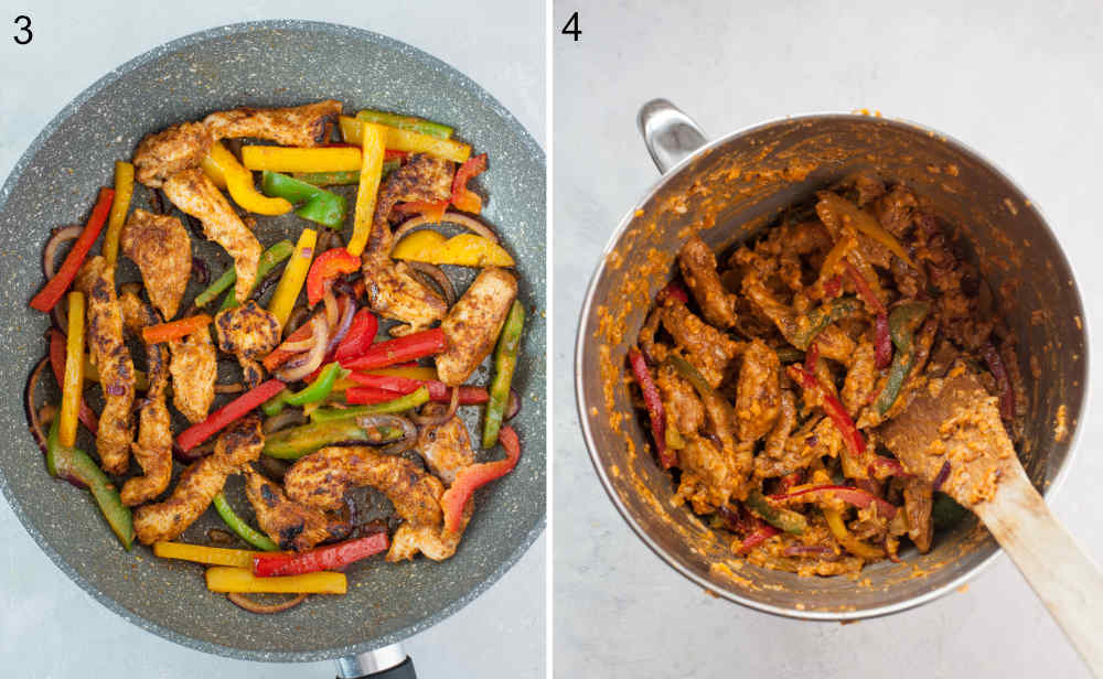 Cooked chicken and veggies in a pan. Chicken and veggies with cheese in a bowl.