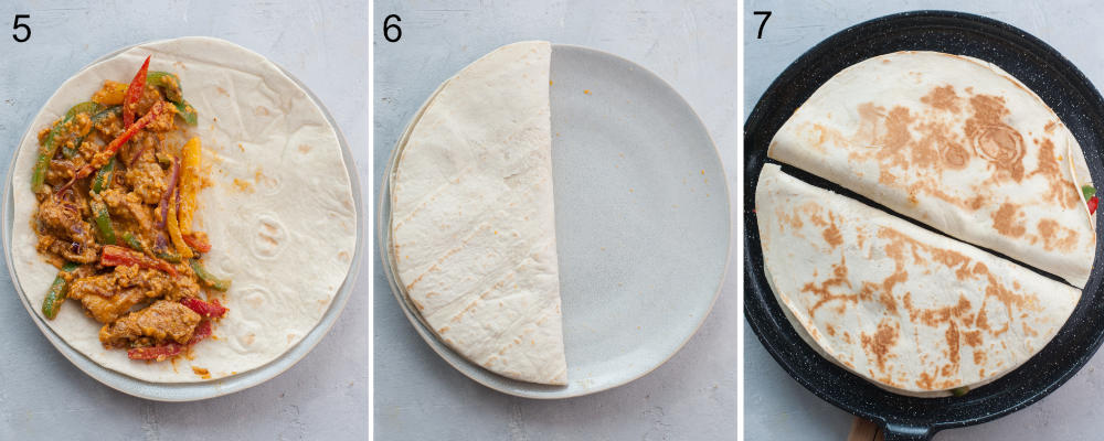 A collage of 3 photos showing assembling steps for quesadillas.