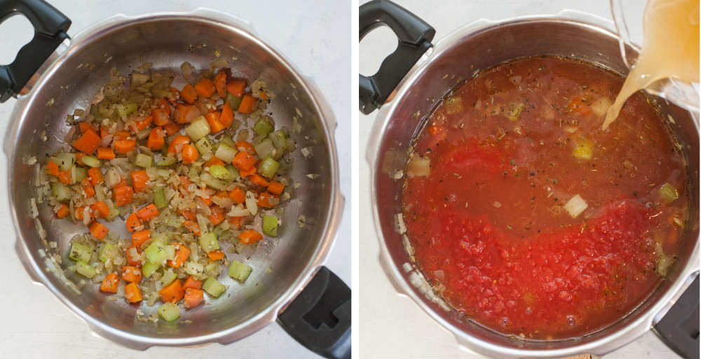 Sauteed onion, carrots, and celery in a pot. Broth is being added to the soup in a pot.