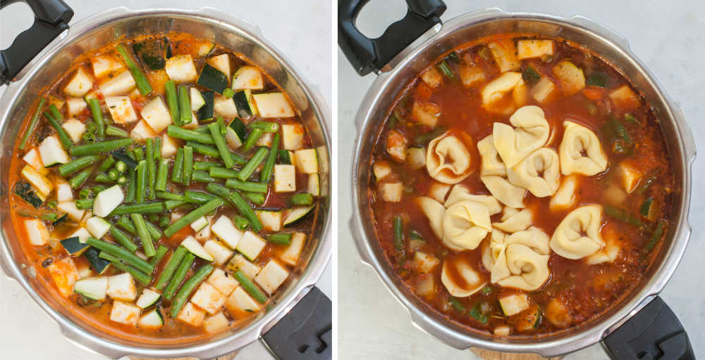 Green beans and zucchini in the pot. Vegetable soup with tortellini in a pot.