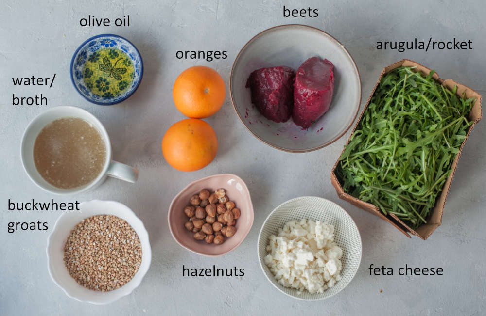 Labeled ingredients needed to prepare buckwheat salad with beets and oranges.