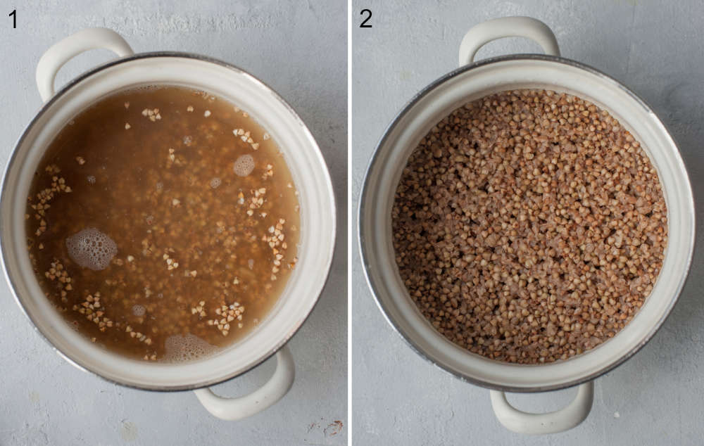 Uncooked and cooked buckwheat groats in a pot.