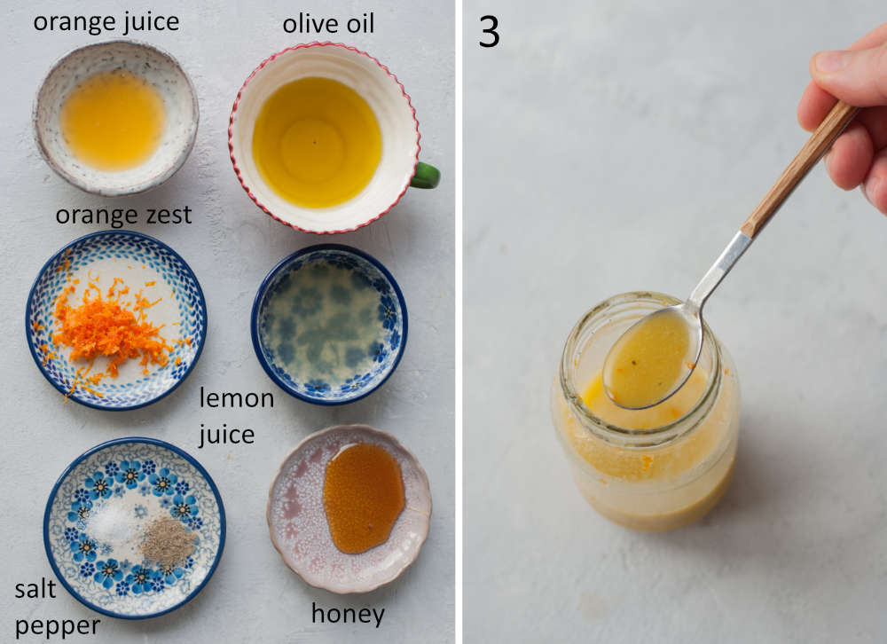 Labeled ingredients for lemon orange vinaigrette. Vinaigrette sauce in a jar.