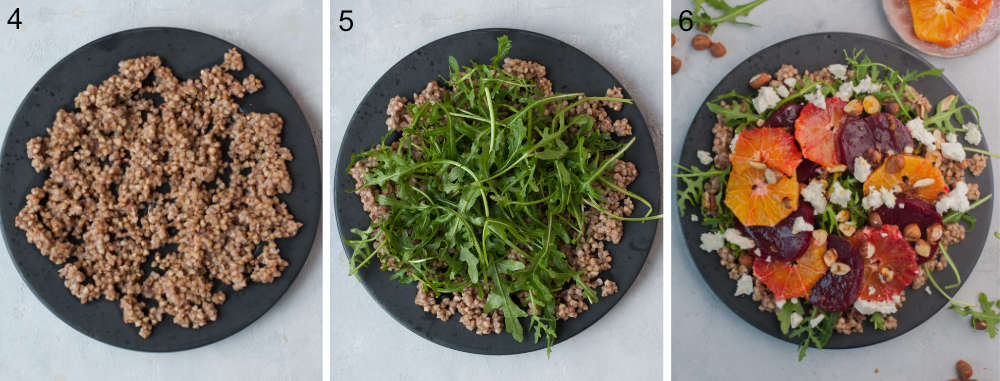 A collage of 3 photos showing assembling steps of buckwheat salad.