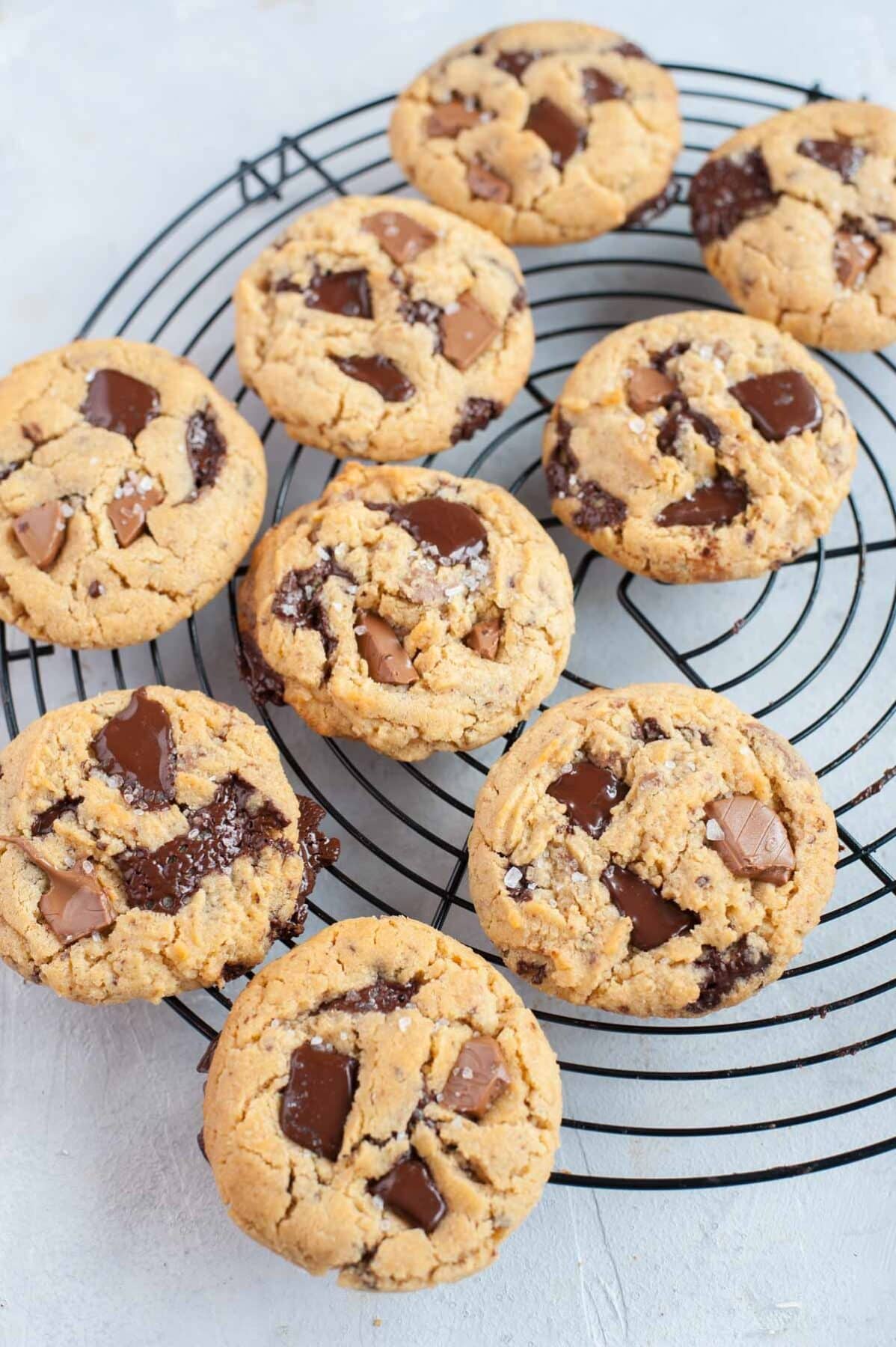 Chocolate chunk peanut butter cookies on a black wire rack.