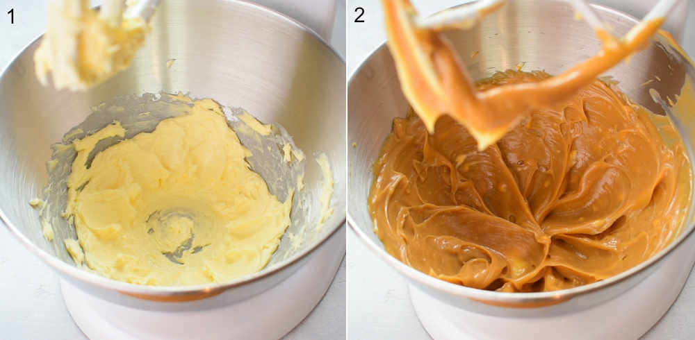 Left photo: butter in a bowl. Right photo: butter and peanut butter in a bowl.