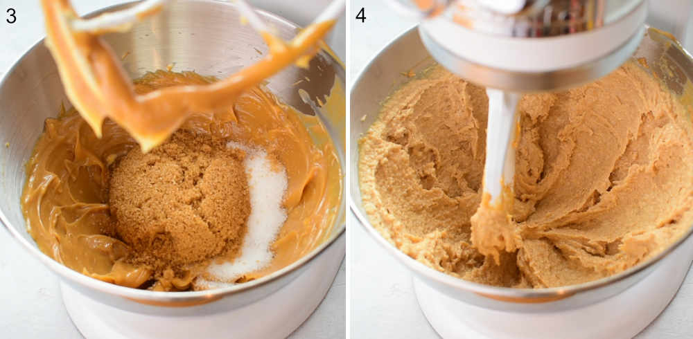 Sugar added to a bowl. Creamed sugar with butter and peanut butter.