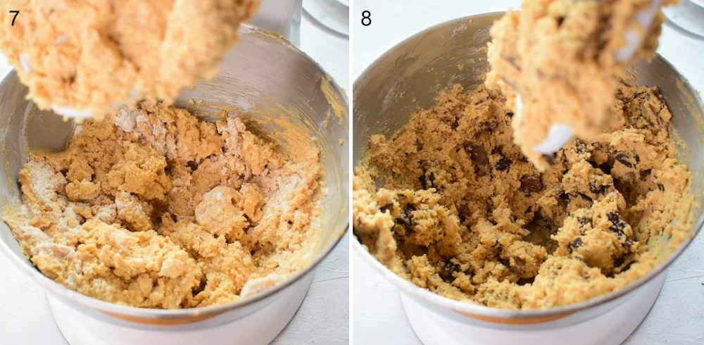 Flour is being added to the batter. Cookie batter with chocolate in a bowl.