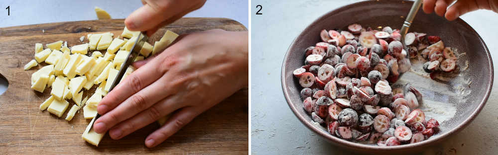 Chocolate is being chopped on a wooden board. Cranberries and being stirred with flour.