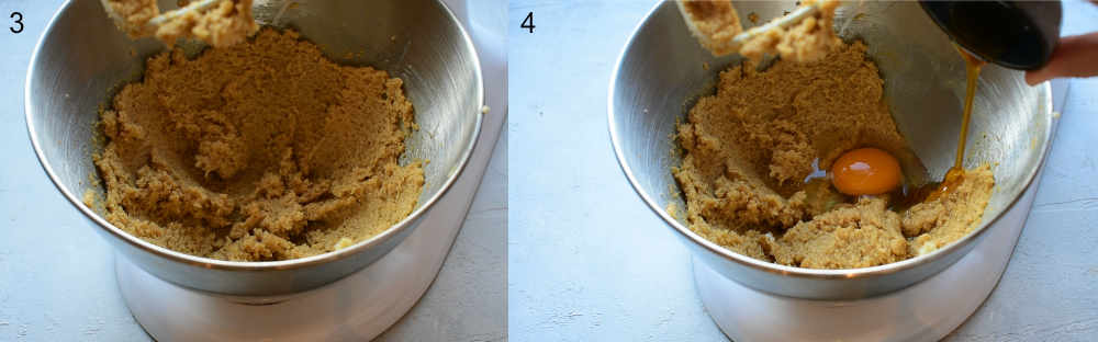 Creamed butter and sugar. Vanilla and egg are being added to creamed butter and sugar in a bowl.