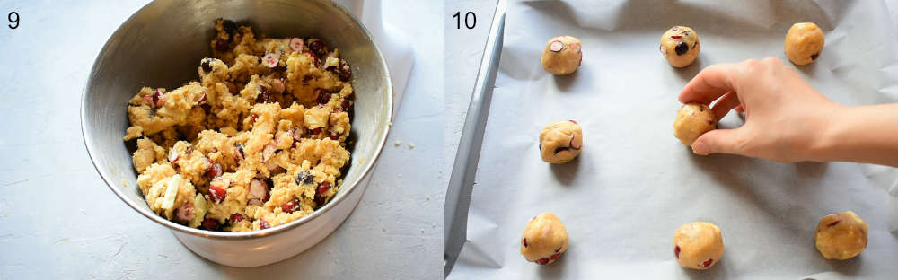 White chocolate cranberry cookie dough in a bowl. Unbaked cookies on a baking sheet.