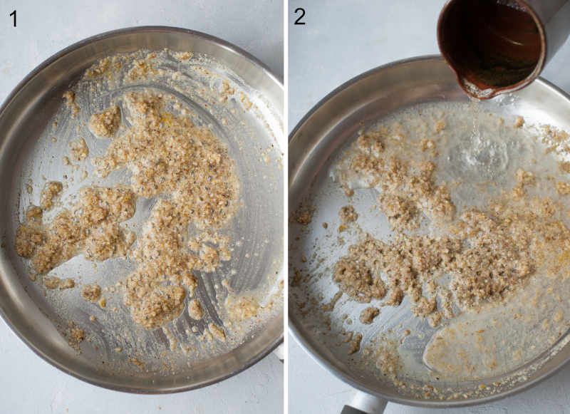 Toasted walnuts with wine and garlic in a pan. Wine is being added to a pan.