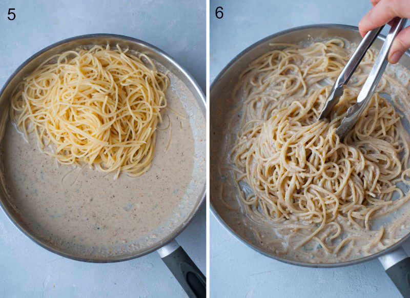 Spaghetti pasta is being tossed with gorgonzola sauce in a frying pan.