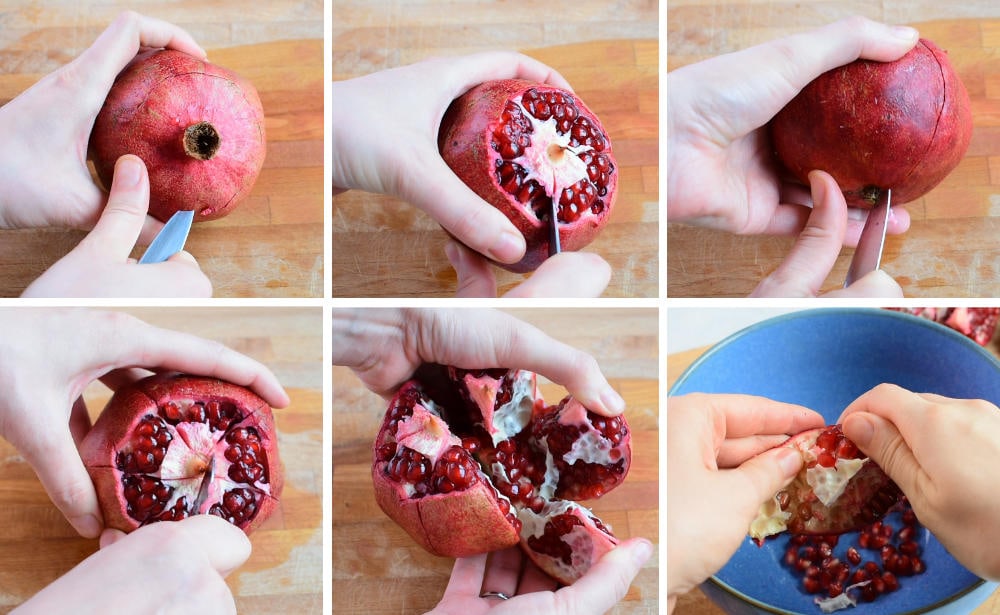 A collage of 6 photos showing how to cut and de-seed a pomegranate.