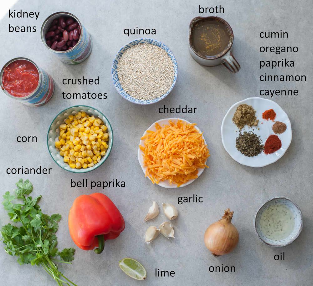 Labeled ingredients needed to prepare Mexican quinoa.