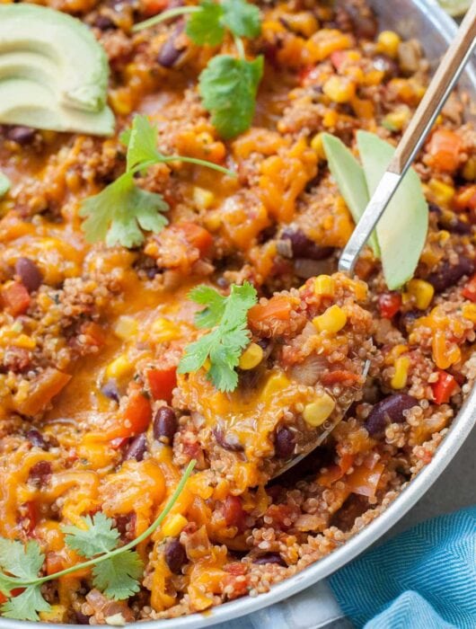Mexican quinoa in a frying pan.