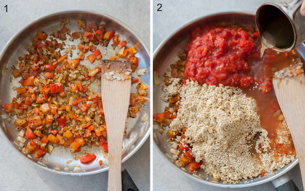 Sauteed onions, bell paprika and garlic in a pan. Broth is being added to a pan with quinoa, tomatoes, and onions.