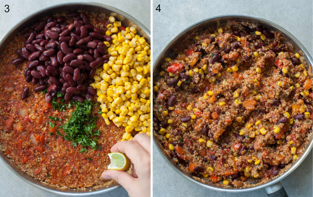 Cooked quinoa, beans, corn, and parsley in a pan.