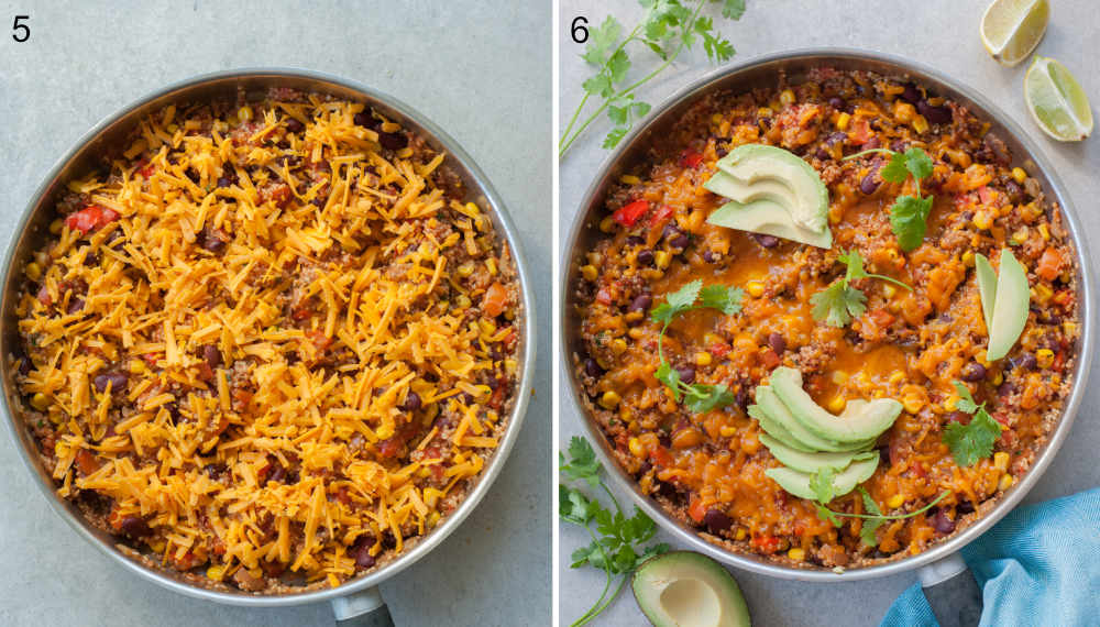 Cooked quinoa topped with cheddar cheese, avocado and coriander in a pan.