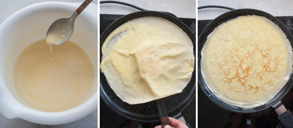 A collage of 3 photos showing how to make crepe batter and cook crepes.