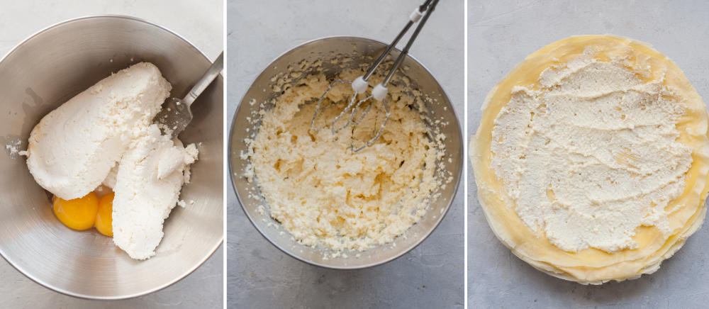 A collage of three photos showing how to make cheese filling for crepes.