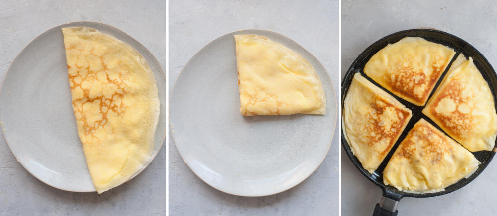 A collage of 3 photos showing how to fold crepes and pan fry them in a pan.