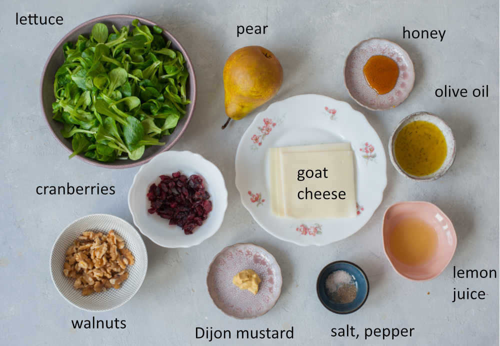 Labeled ingredients needed to prepare pear walnut salad.