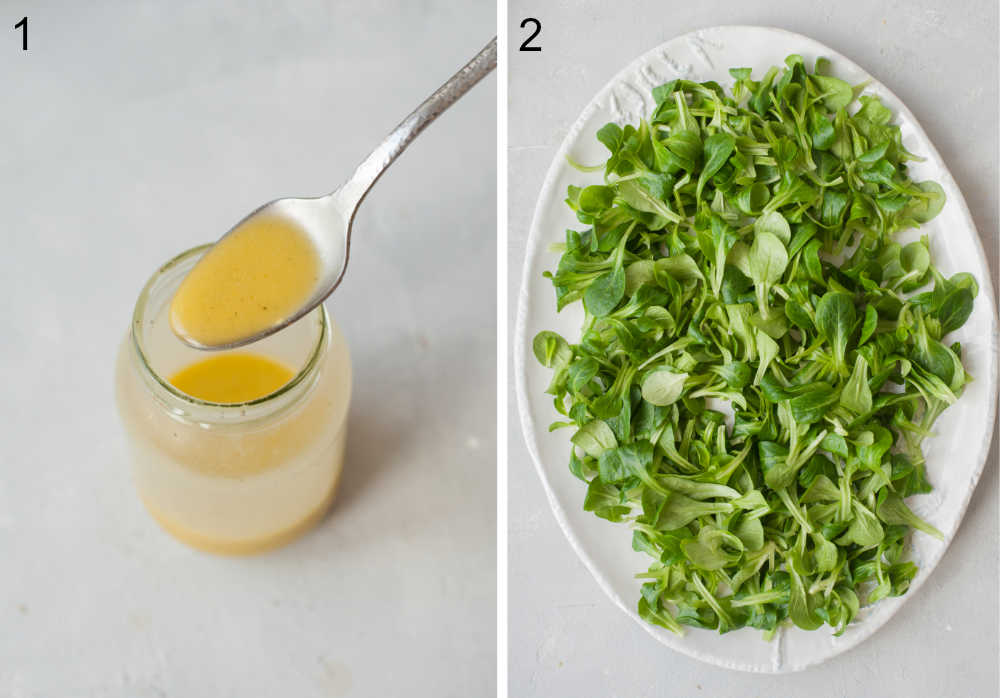 Vinaigrette sauce in a jar. Lamb's lettuce on a white plate.