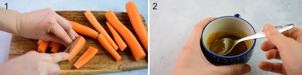 Carrots are being cut into fries. Spices with olive oil in a blue cup.