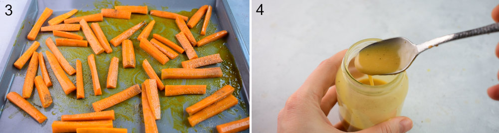 Spiced carrots on a baking tray. Peanut butter dressing in a jar.