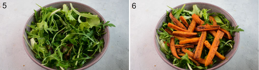 Left photo: arugula in a violet bowl. Right photo: arugula and roasted carrots in a bowl.