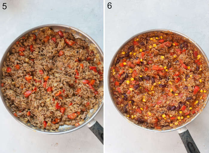 Sauteed vegetables and ground meat in the pan. Ground meat and vegetables in tomato sauce in the pan.