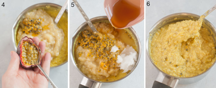 A collage of 3 photos showing banana oatmeal preparation steps.