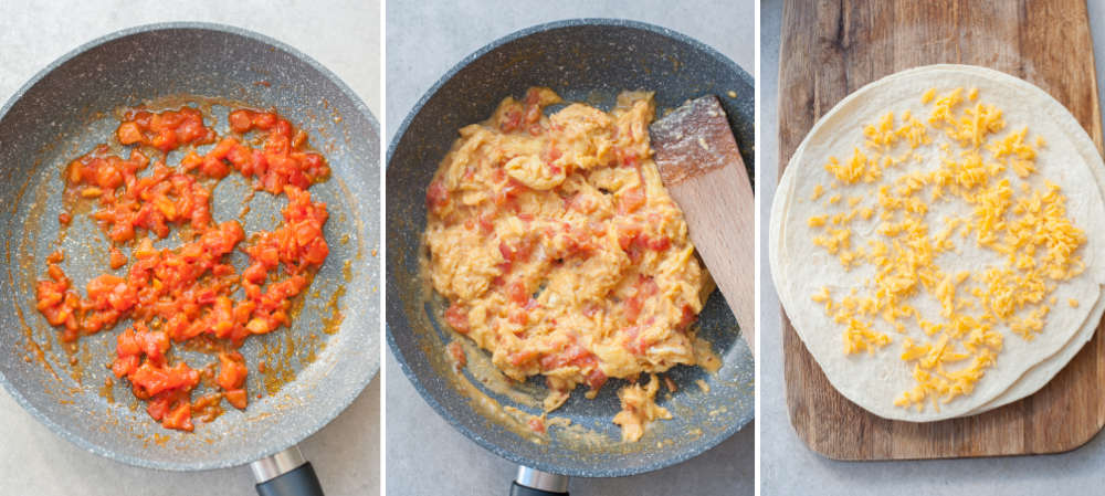 A collage of 3 photos showing cooking tomatoes, eggs and assembling quesadillas.