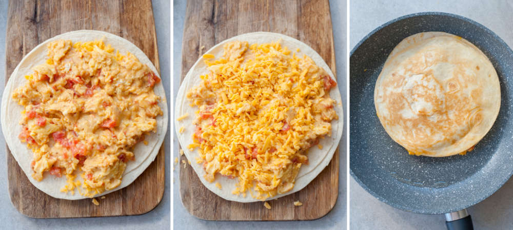 A collage of 3 photos showing assembling and cooking quesadillas.