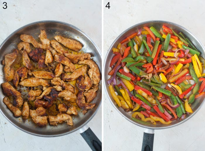 Pan-fried chicken strips in a pan. Bell peppers and onions in a pan.