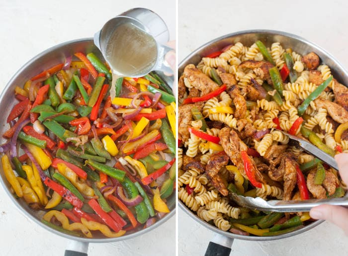 Broth is being added to the pan. Cooked pasta, chicken and vegetables are being tossed together in a pan.