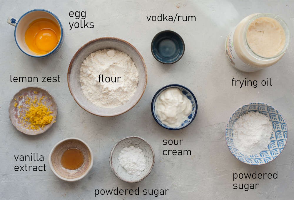 Labeled ingredients needed to prepare faworki.